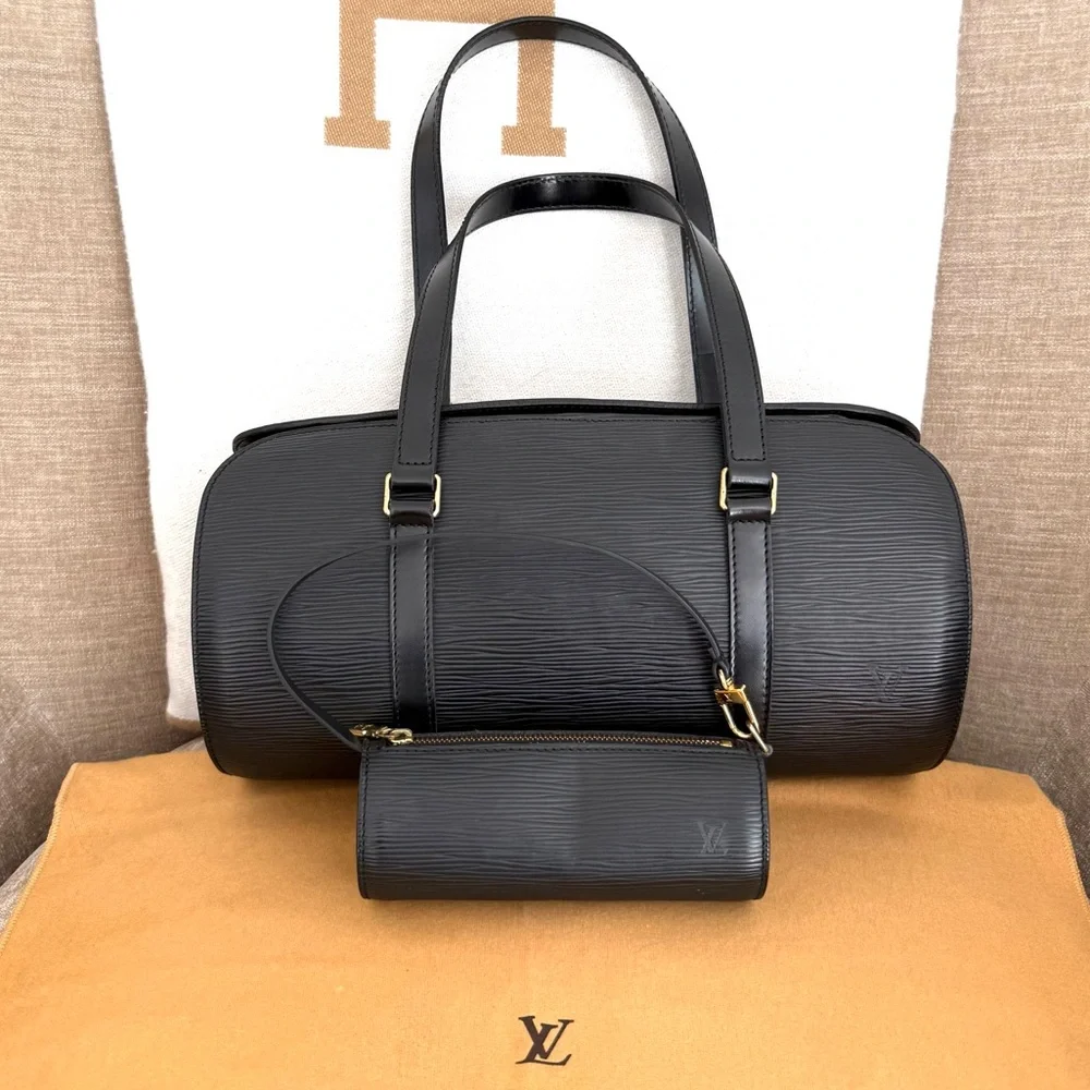 Authentic Louis Vuitton Soufflot bag Black Epi Leather with mini pouch M52862